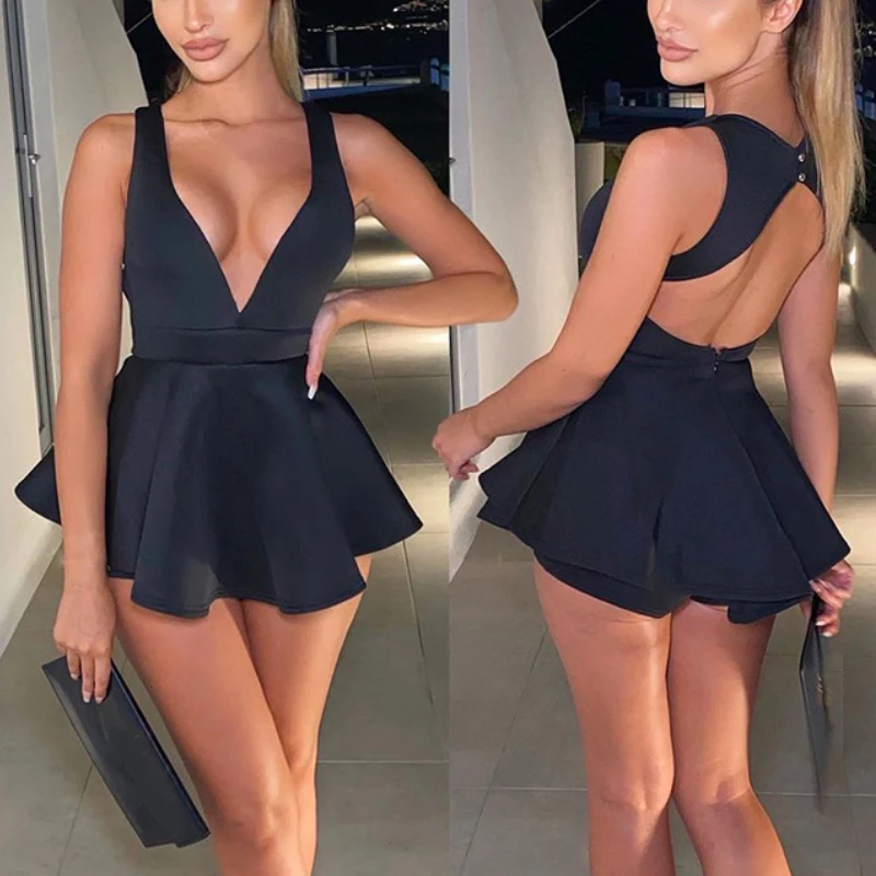 Women Sexy Halter Deep V Neck Backless Mini Dress Zipper Shorts Bodycon Black Dresses Club Party Beach Robe E-Girl Y2K Clothes