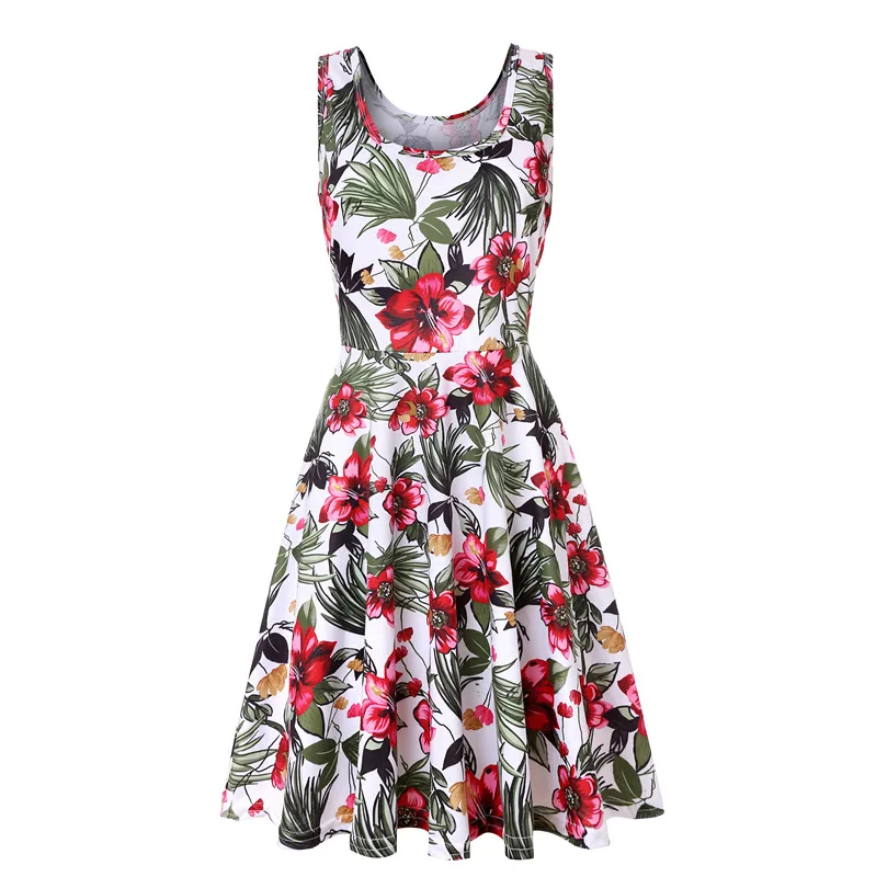 Plus Size Women Sleeveless O-Neck Print Dresses Casual Sweet Vintage Floral A-line Party Robe 2021 Summer Beach Dress Vestidos