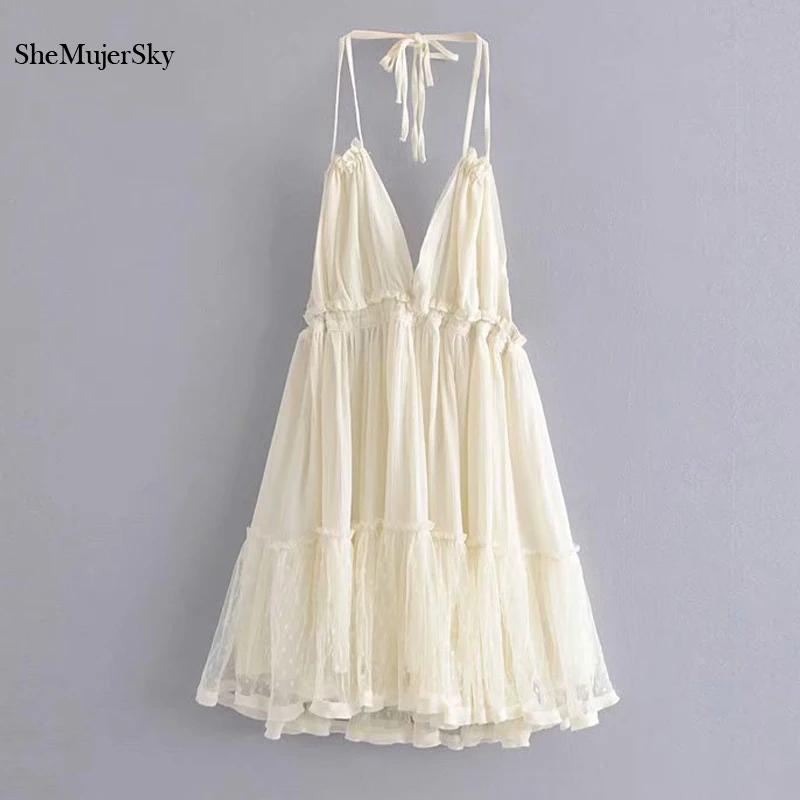 SheMujerSky Sexy Backless Lace Spliced Dress Summer Halter V-neck Mini Dresses Woman Dress Elegant Evening