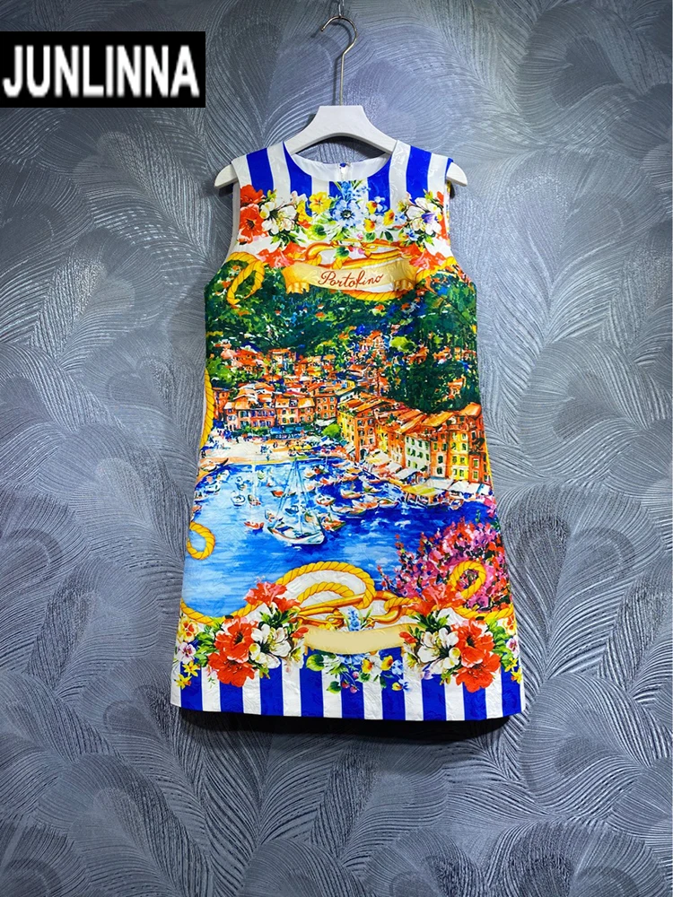 JUNLINNA Fashion Runway Sicilian Dress O-Neck Sleeveless Polyester Printing Mini Vestidos Beach Holiday Princess