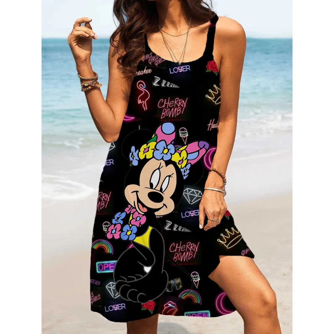 Summer Fashion Sling Print Sexy Skinny Seaside Casual Oversize Women's Beach Dresses Disney-Mickey Minnie Dresses for Women 2024