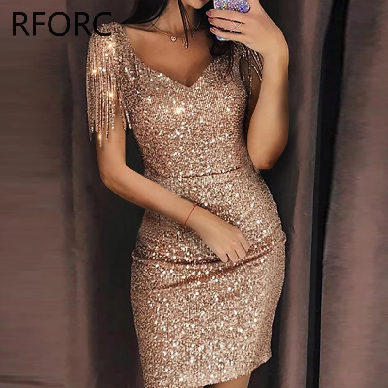 2023 Women Chic Sequins V Neck Tassels Mini Bodycon Party Dress