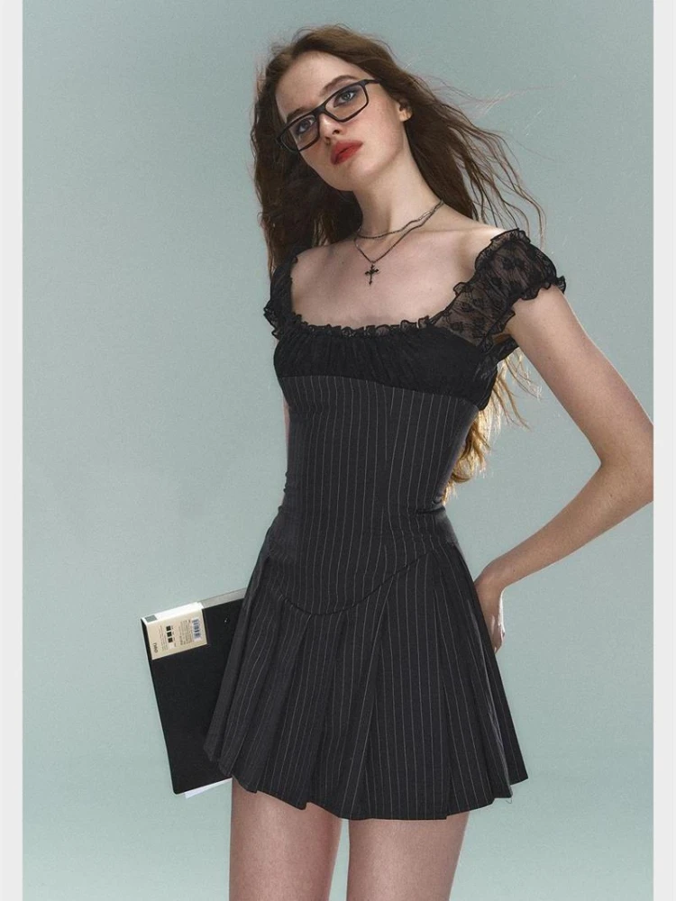 QWEEK Y2k Coquette Stripped Lace Pleated Mini Dress Women 2024 Fashion American Retro Short Dresses New in Autumn