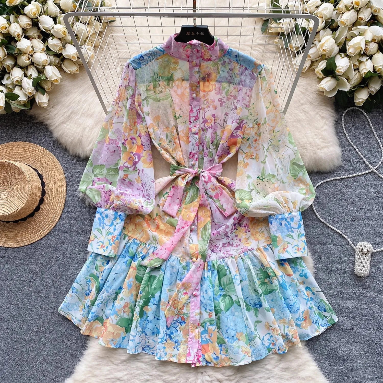 New Summer Holiday Beach Short Dress Women's Stand Long Lantern Sleeve Floral Print Sashes Lace Up Chiffon Loose Vestidos 6362