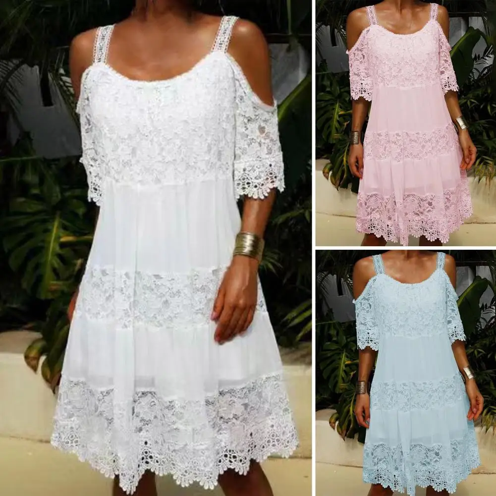 Summer Dress Sling Cold Shoulder Half Sleeve Loose Summer Dress Crochet Embroidery Lace Stitching Mini Dress Female Clothing