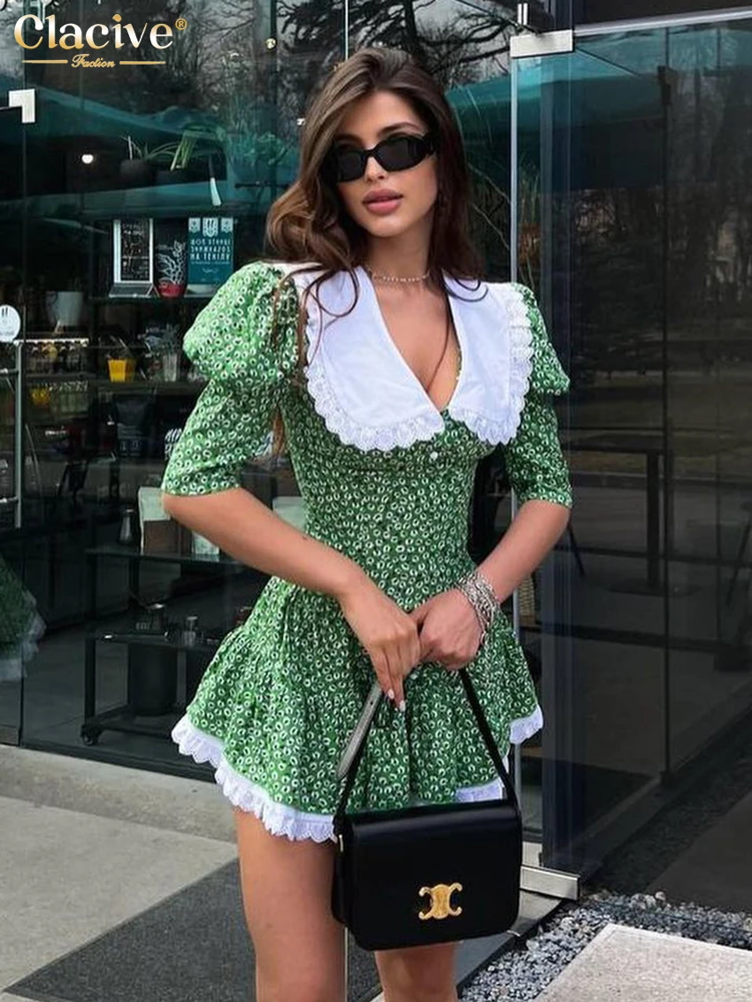 Clacive Summer Slim Print Women'S Dress 2023 Bodycon Doll Collar Short Sleeve Mini Dresses Elegant Lace Patchwork Female Dress