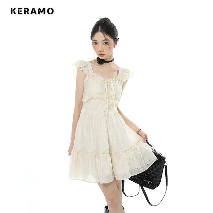 2024 Summer Solid Ruffles Sweet Style Backless Slash Neck Mini Suspender Mini Dresses Women High Street Chiffon Lace-up Dress