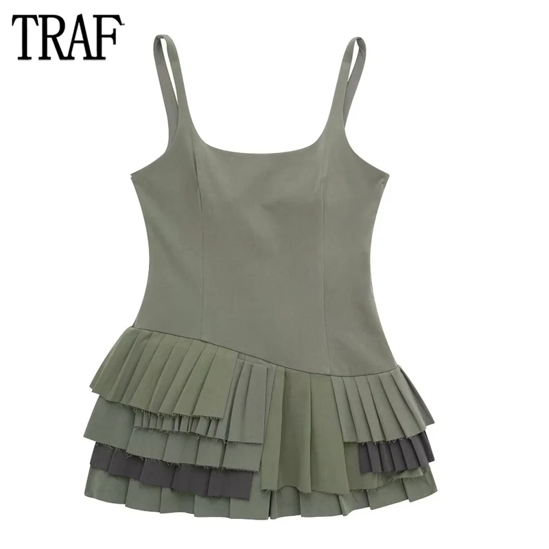 TRAF 2024 Slip Mini Dress Women Ruched Backless Dresses for Woman Sexy Pleated Party Short Dresses Women Asymmetric Female Dress