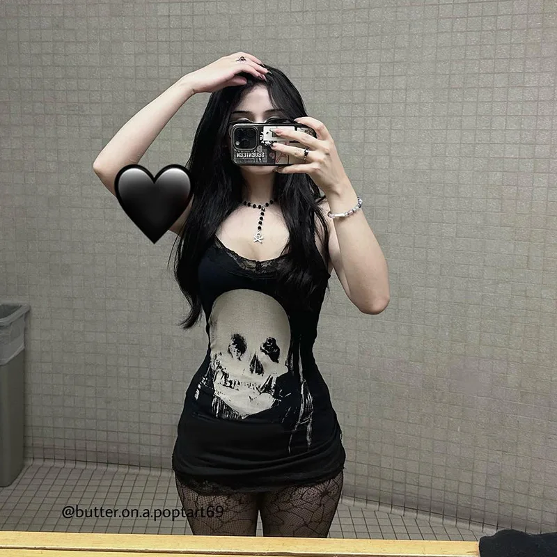 Cyber Punk Gothic Dress Women Streetwear Harajuku Skull Printed Sleeveless High Waist Bodycon Dress Grunge Rave Outfits