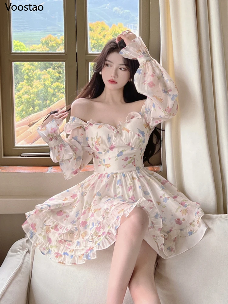 Summer Sweet V-Neck Floral Chiffon Dress Women Elegant Long Sleeve Ruffles Party Mini Dresses Female Korean Chic Slim Vestidos