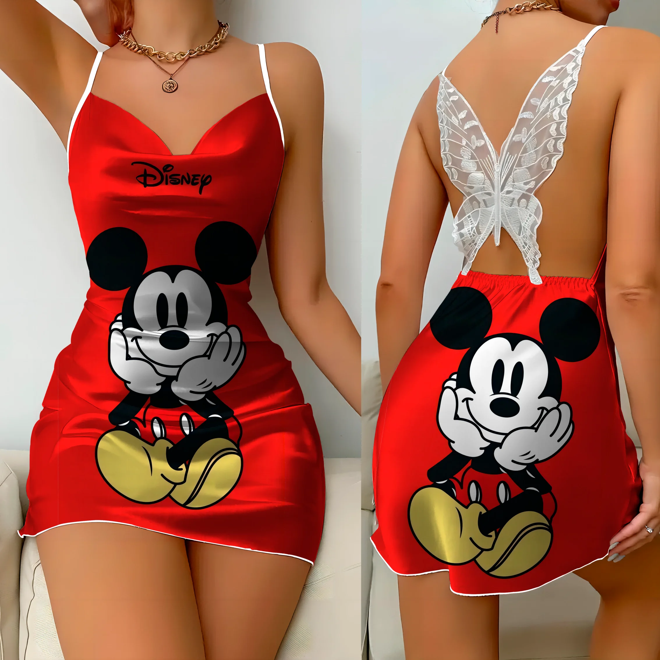 Backless Dress Sexy Dresses Satin Surface Minnie Mouse Mickey Disney Pajama Skirt Bow Knot Womens Fashion Summer 2024 Party Mini