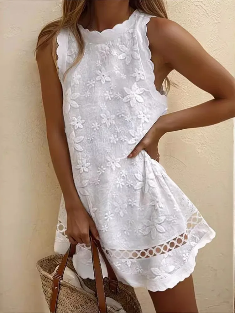 Summer White Women Dress Fashion O Neck Sleeveless Beach Party Mini Casual Dresses For Women Robe Femme New Holiday Vestidos