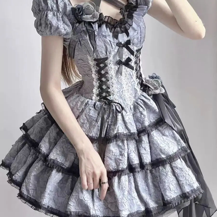 MAGOGO Gothic Lolita Jsk Dress Women Victorian Retro Elegant Flower Ruffles Lace Bandage Mini Dress Halloween Girl Sweet Dress