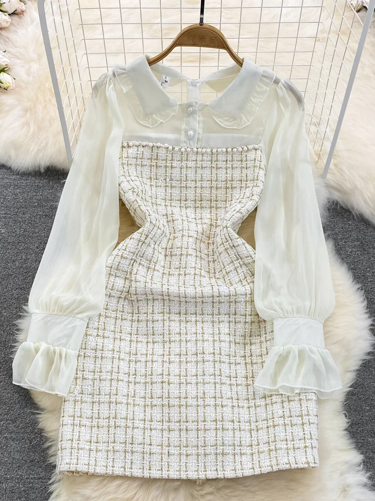 Korean Fashion Women Woolen Tweed Dress Autumn Winter Plaid Tweed Patchwork Chiffon Long Sleeve A Line Elegant Short Dress