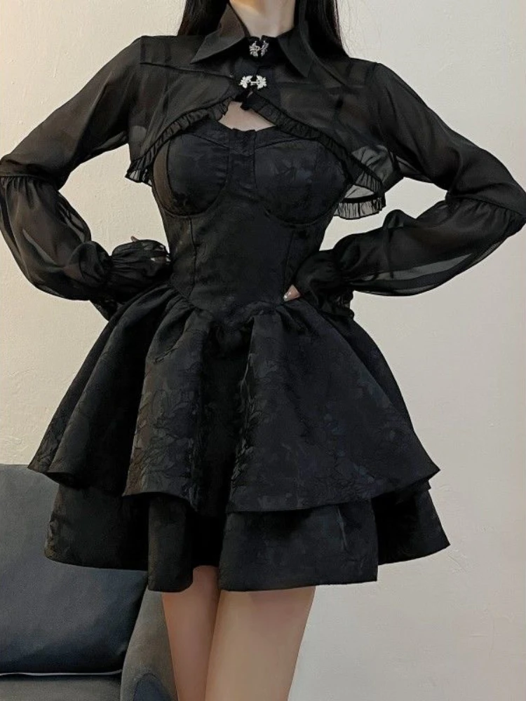 2023 Summer Black Gothic Lolita Short Party Suits Women Long Sleeve Coat + Pure Color Mini Dress Fashion High Waist Outfits Chic