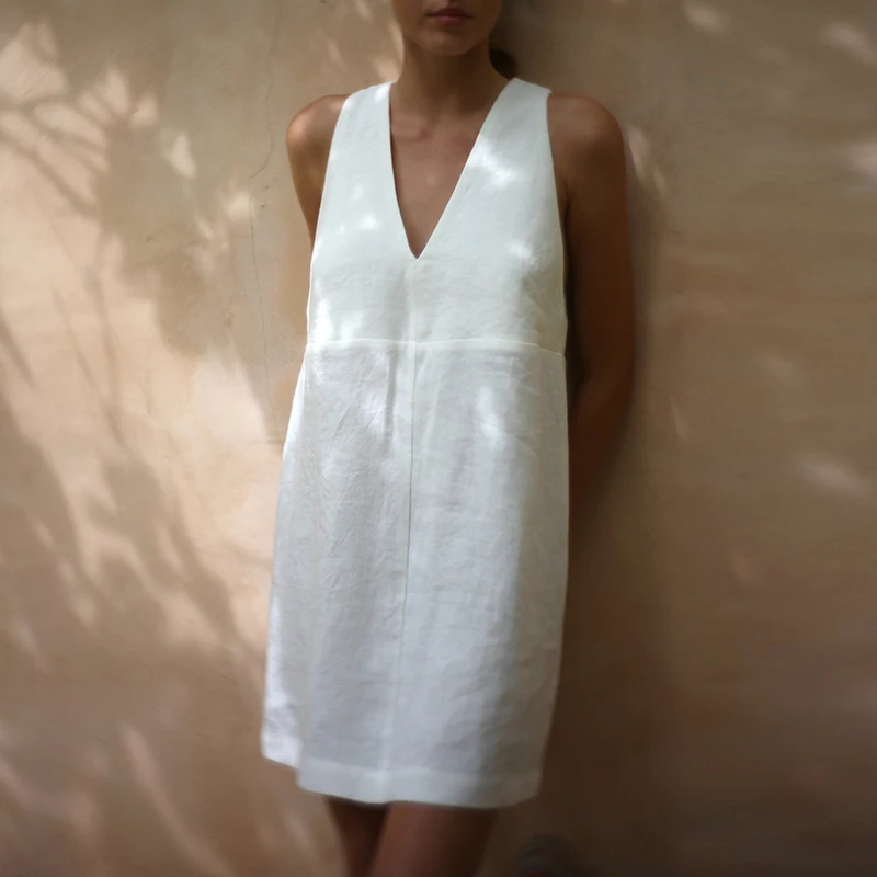 Casual Linen Holiday Dress 2024 Sexy V-neck Sleeveless  Elegant Woman Dress Mini Beach Sundress