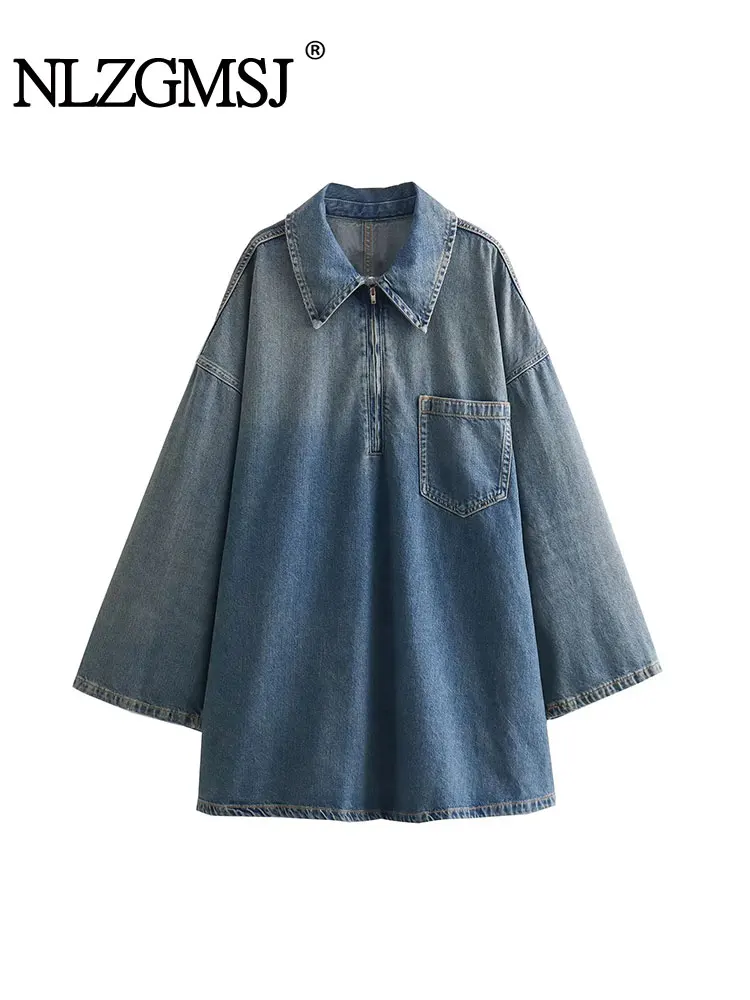 Nlzgmsj TRAF 2024 Woman Lapel Denim Mini Dress Casual Wide Dresses Female Fashion Patch Pocket Zipper Polo Style Dress