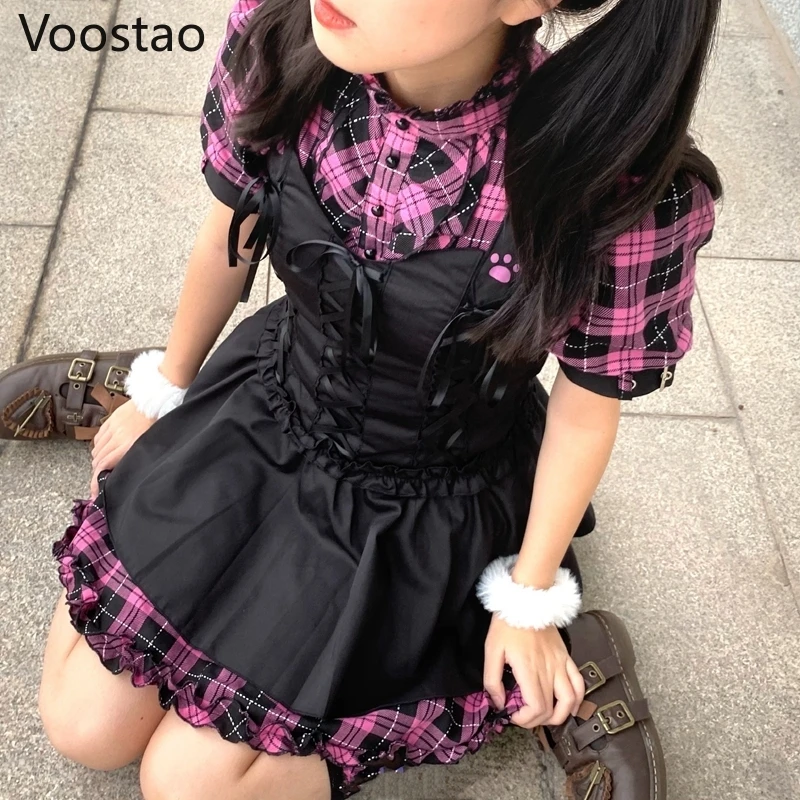 Japanese Gothic Lolita Style Mini Party Dresses Women Harajuku Fake Two Pieces Plaid Y2k Punk Dress Korean Female Sweet Vestidos