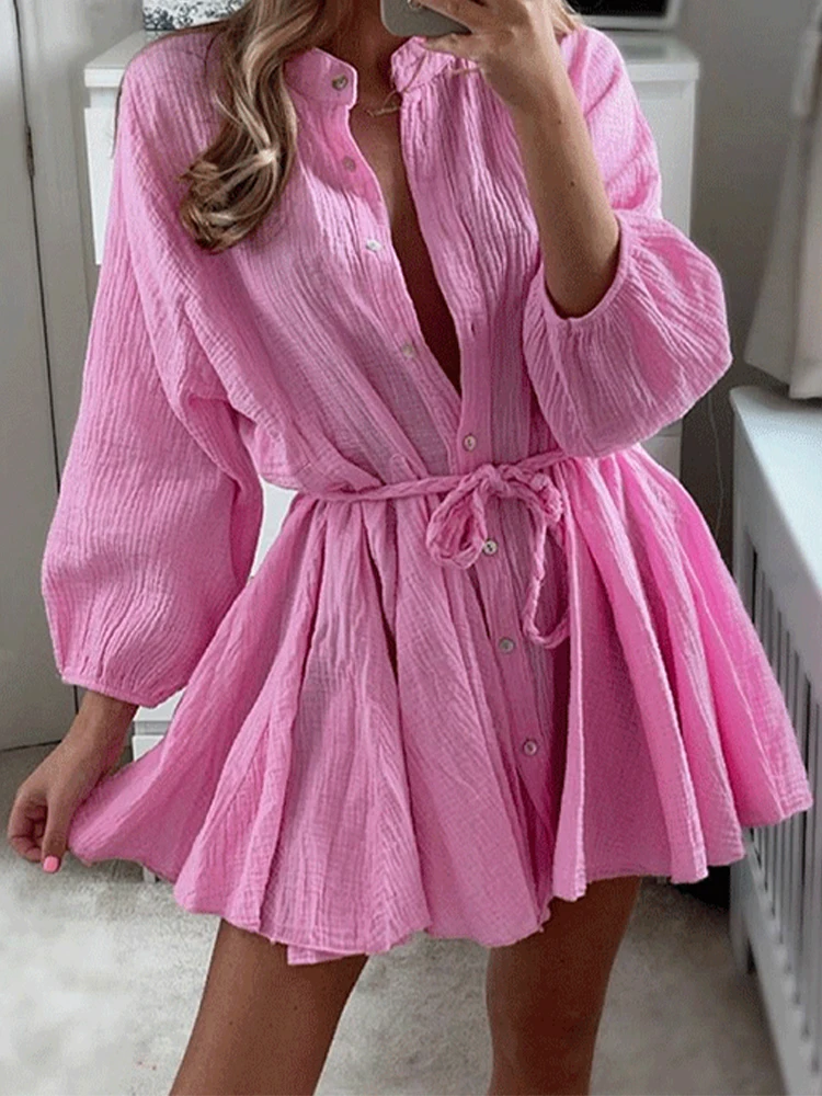 2024 Designer Ruffled Mini Fold Dress Women Chic Waisted Lace-up Fashion Single-Breasted Full Sleeve Party  Street Style Outfits