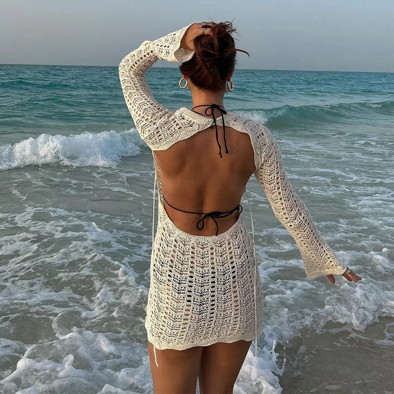 Vintage Crochet Flower Hollow Out Dress Cover-Ups Chic Women Sexy Knit Backless Tie-up Mini Dress Summer Beach Holiday Bodycon