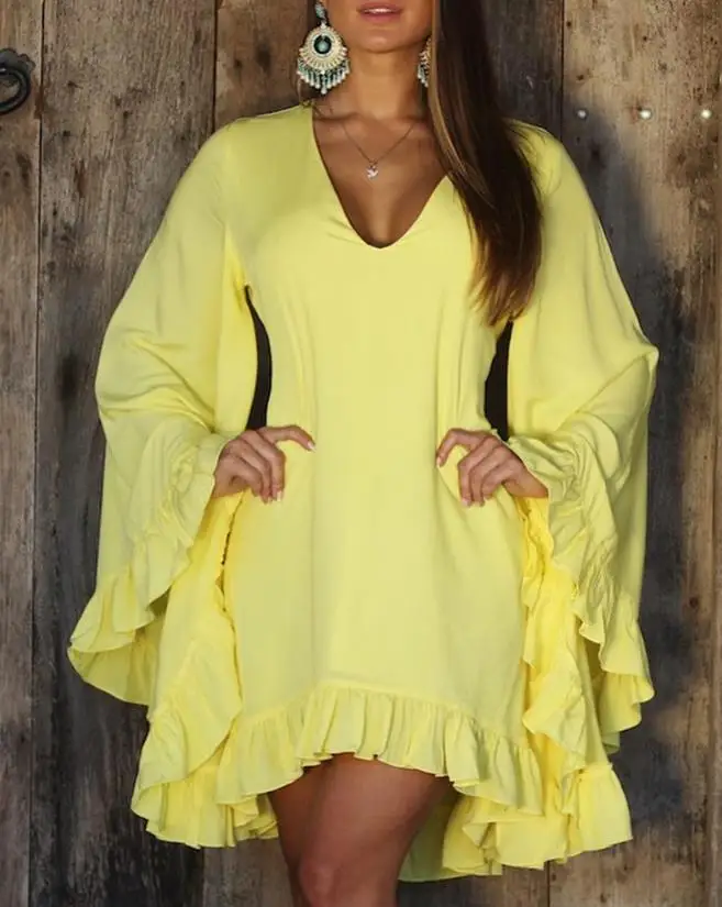 Summer Sweet A Line Dresses Women V-Neck Slight Stretch Design Fashion New Ruffle Hem Bell Sleeve Casual Mini Dress Female