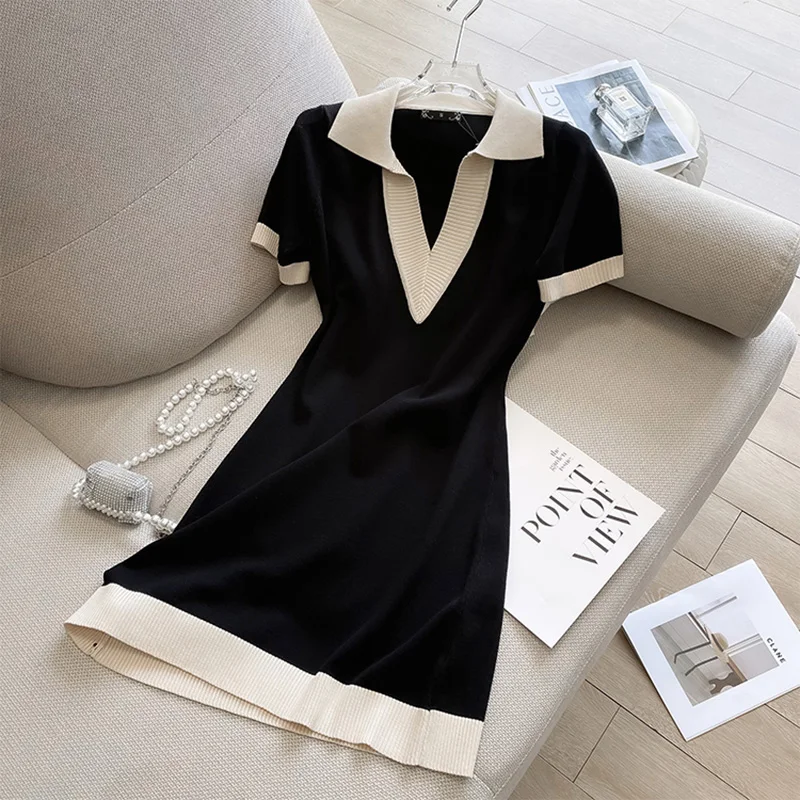 Korean Summer Polo Knitted Dress Summer Vintage Short Sleeve Black Mini Sexy Dress Elegant Dress vestidos