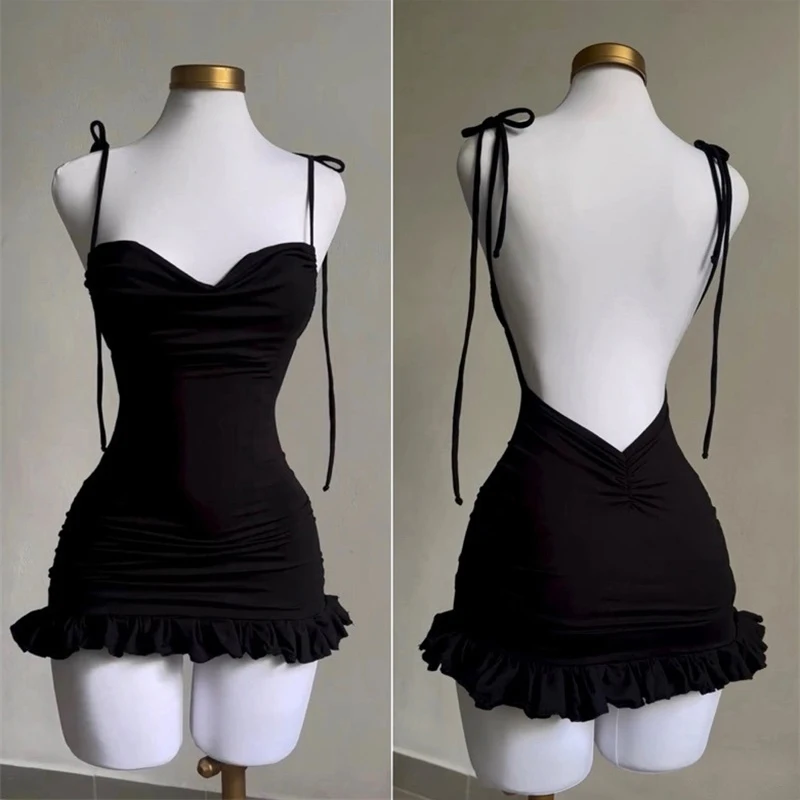 Black High end Y2K Sexy Backless Lace up Slim Fit Spicy Girl Short Skirt Women Sleeveless Party Club Elegant A- LINE Dresses