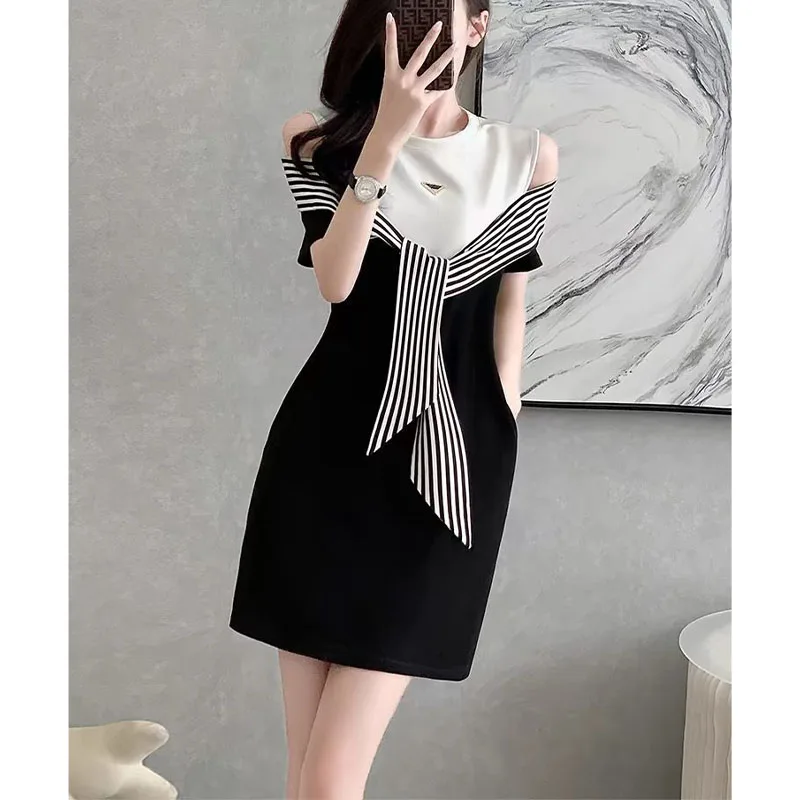 French Style Simple Fashion Fake Two Off Shoulder Round Neck T-shirt Dress Patchwork Drawstring Stripe Summer Hip Wrap Dresses