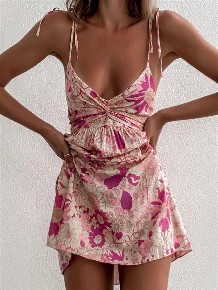 hirigin Floral Boho Elegant Dress Women Pink Flower Print Bohemian Beach Style Summer Mini Dress Ruffled Backless Sundress 2022