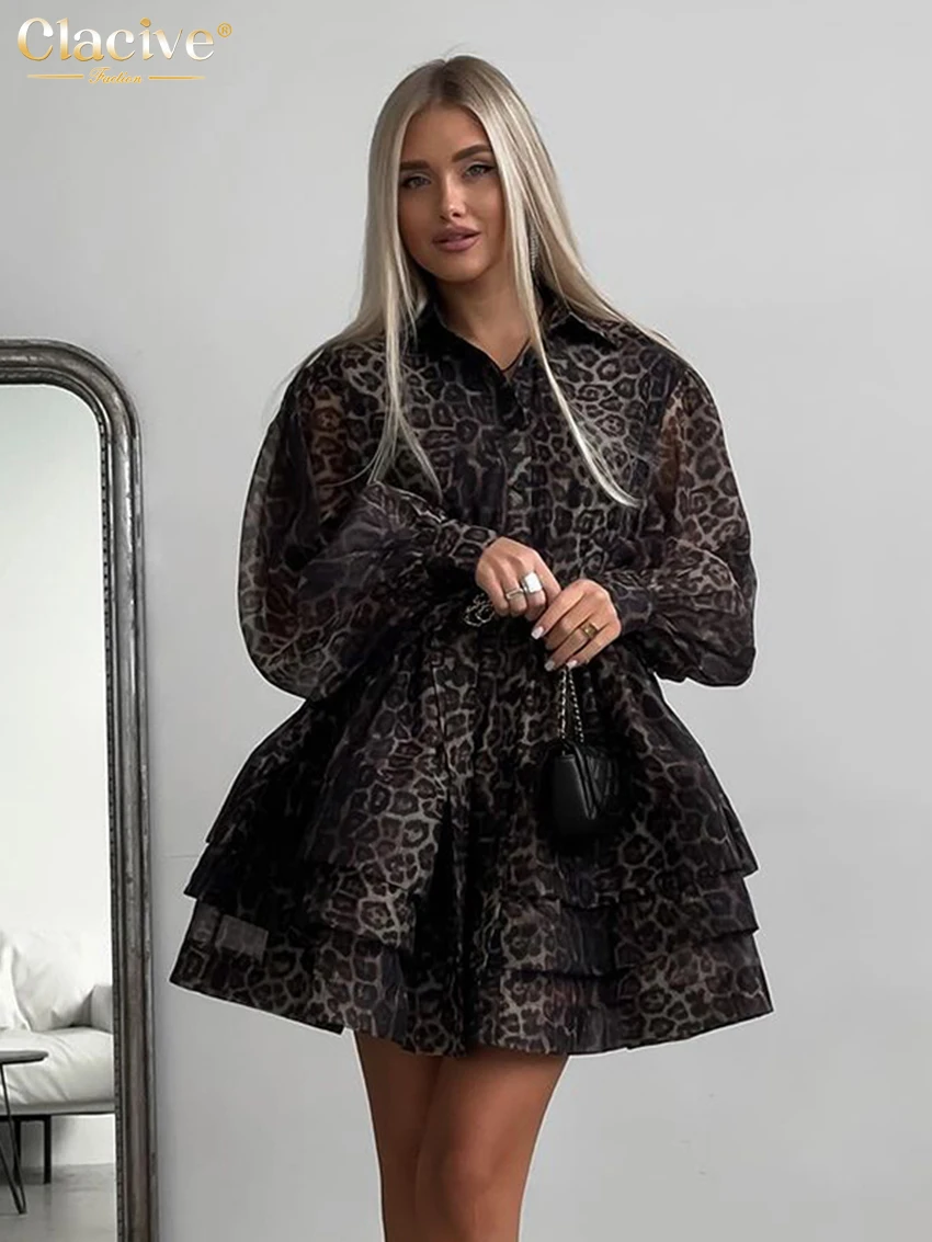 Clacive Fashion Leopard Print Women'S Dress 2024 Vintage Lapel Long Sleeve Mini Dresses Elegant High Waist Pleated Female Dress