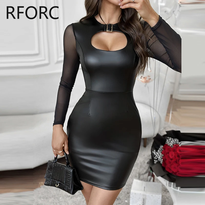 2023 Women Hollow Out Mesh Patchwork Pu Leather Dress for Lady Long Sleeves Mini Sexy Black Dress