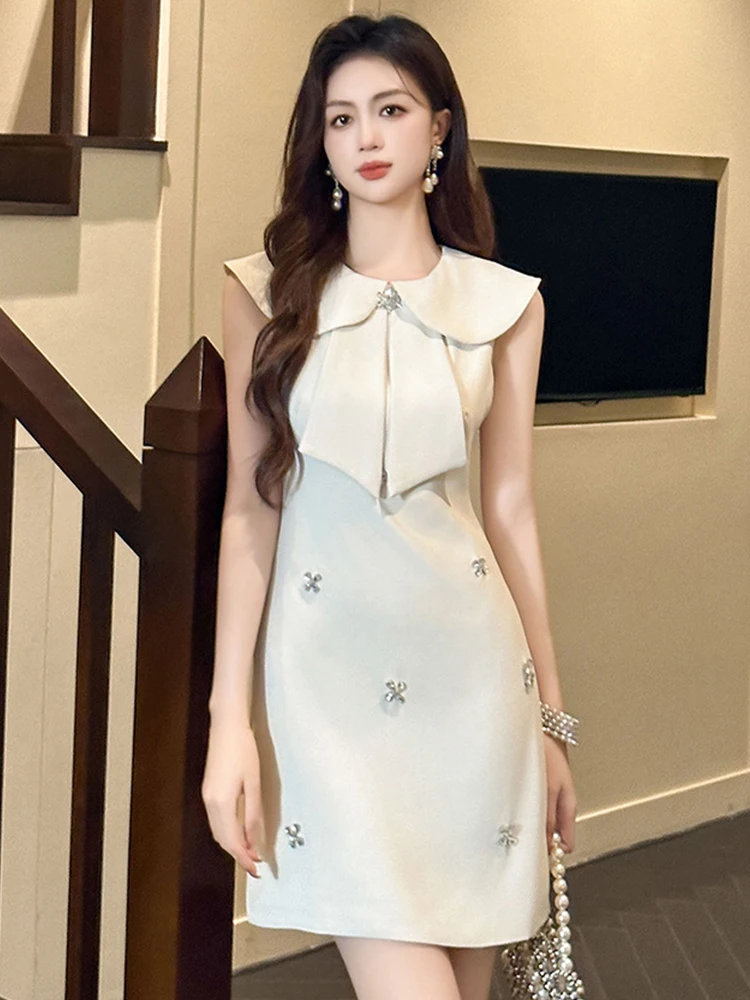 Women's Classic Cute Birthday Party Dress Female Lovely Tie Diamond Flowers Slim Fit Mini Gown Girl Banquet Date Vestidos Mujer