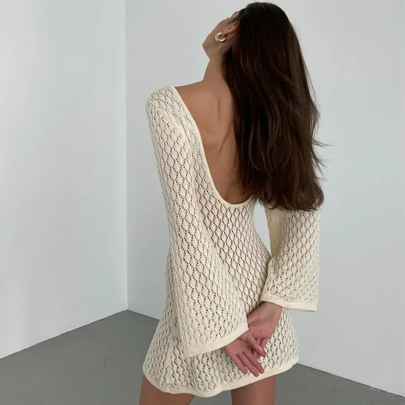 Beige Knitted Hollow Out Mini Dress Women Long Sleeve Backless Slim Summer Beach Dress Female Fashion Sexy Cover-Ups 2024