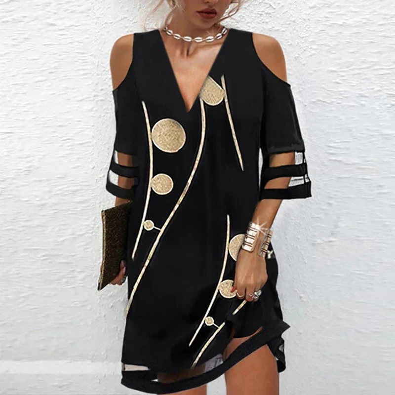 2024 Women Loose Dress V Neck Hollow Out Mesh Patchwork Casual Mini Dress Women Lace Design Print Beach Party Dresses For Women