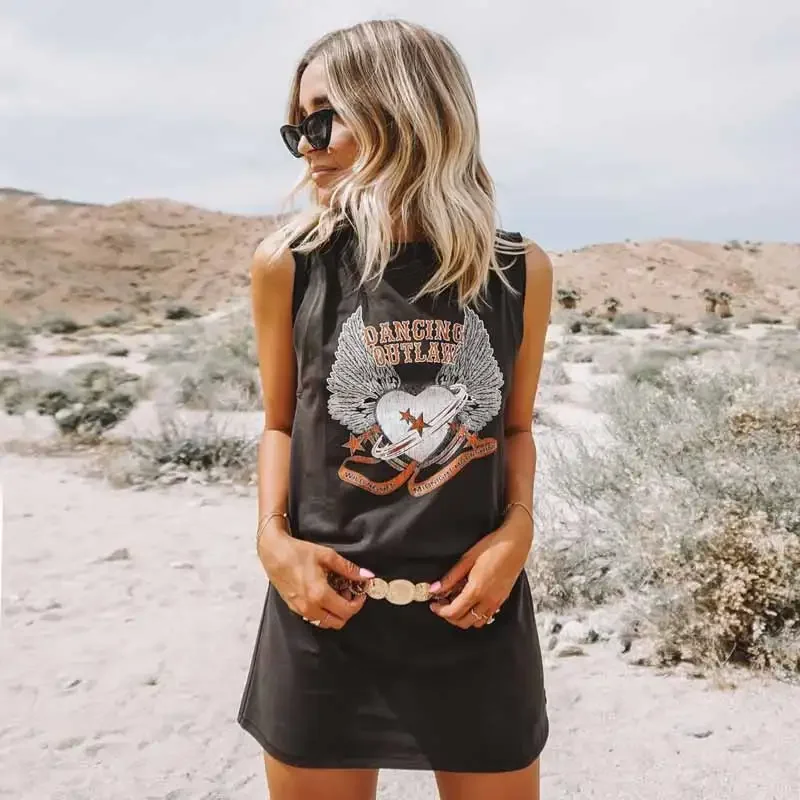 Super Chic Rock'n'roll Vibes Boho DRESS Sleeveless Casual Summer Dress Chic Charcoal T Shirt Dress Women new cotton dresses