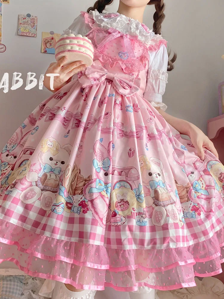 KIMOKOKM Lovely Kawaii Lolita Princess Style JSK Dress Square Collar Bow Rabbit Printing Ruffle Sleeveless Sweet Camisole Dress