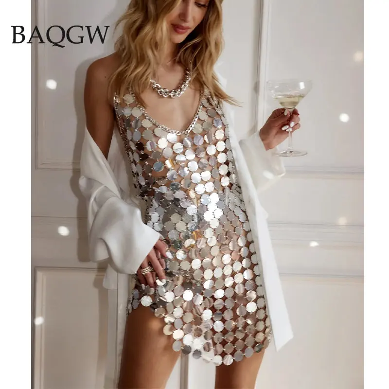 Women Fashion Sleeveless Sexy Backless Glitter Black Gold Chainmail Sequin Patchwork Mini Dresses Diana Silver Disc Dress