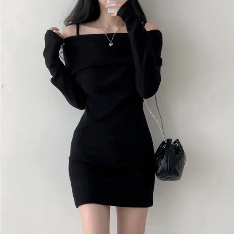 Off Shoulder Suspender Lapel Knit Dress Women Korean Sexy Slim Bottomed Mini Dresses Autumn Winter Solid Suspender Sweater Dress