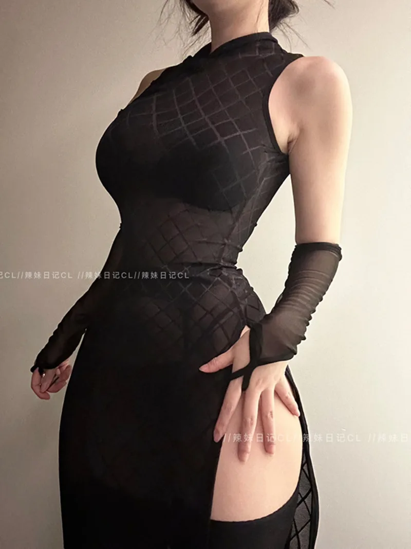 Chinese WOMENGAGA Spicy Girl Cheongsam Mesh Lace Transparent Sexy High Split Mini Dress Hot Sexy Women Tops 2023 New 323L