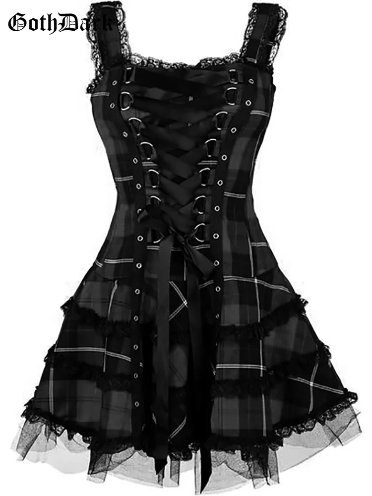 Goth Dark Plaid Bandage Gothic Women A-line Dresses Grunge Aesthetic Lace Trim Patchwork Mini Dress Punk Bodycon Sexy Partywear